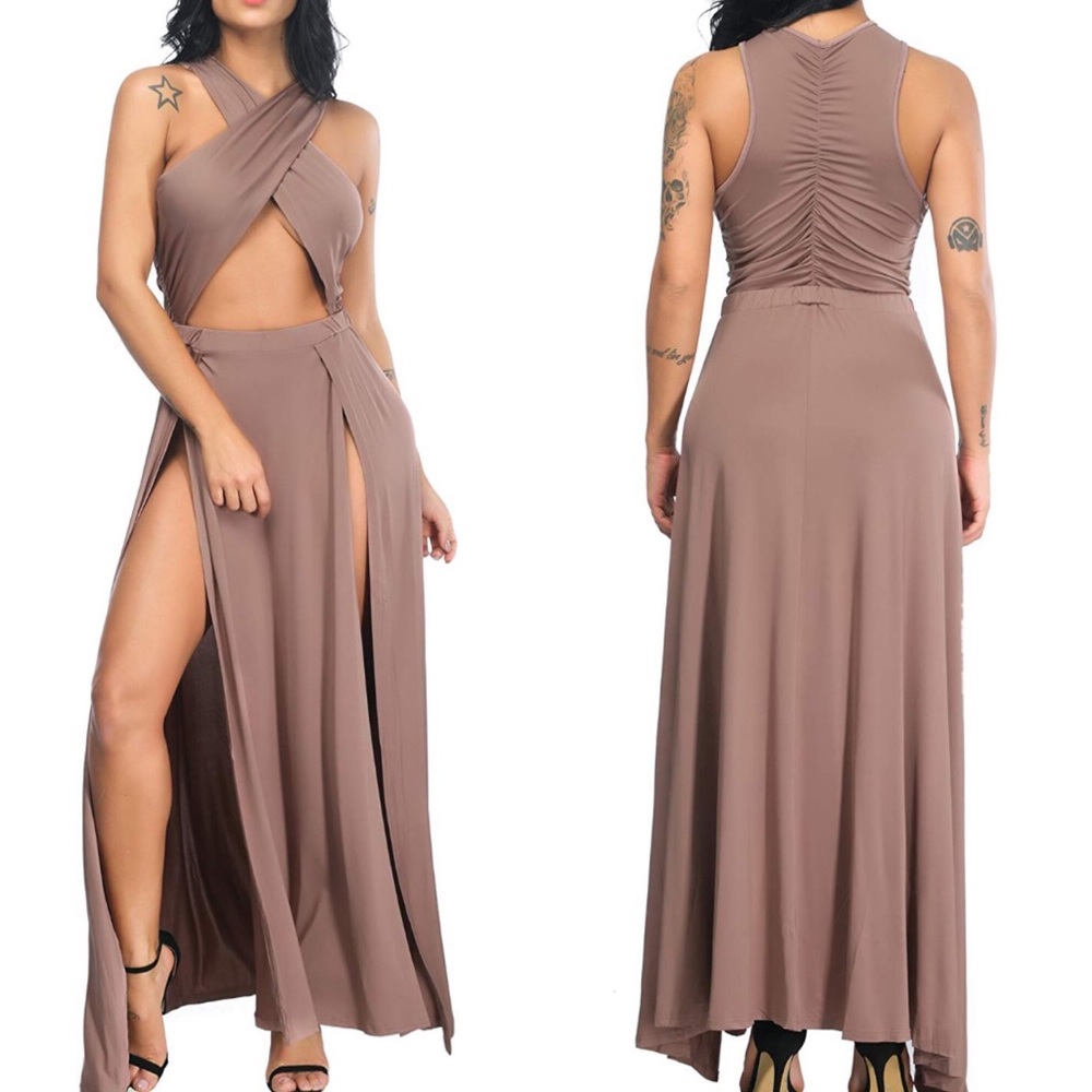 💕VEGAS NIGHTS BLUSH THIGH HIGH MAXI DRESS . *NWT*